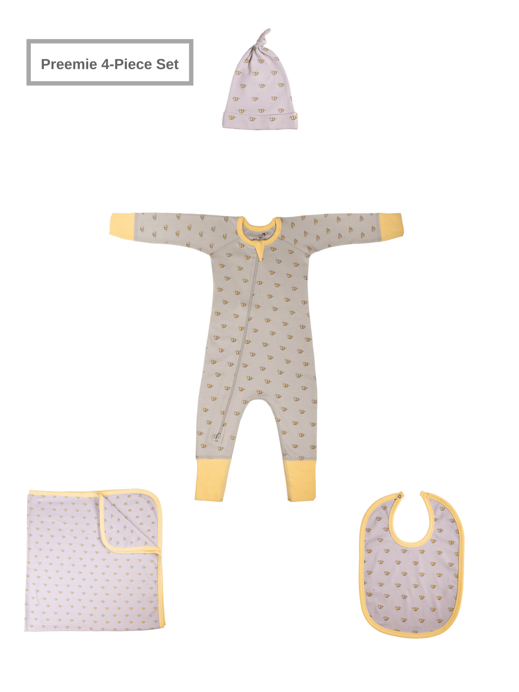 Preemie Baby Unisex Organic 4 Piece Set w/Two-Way Zip Romper