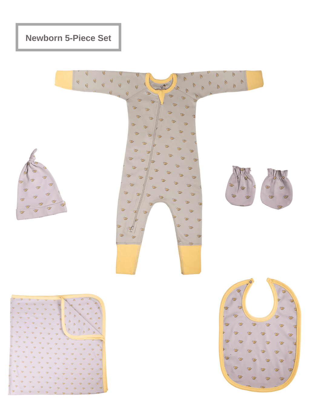 Newborn Baby Unisex Organic 5 Piece Set w/Two-Way Zip Romper (0-3M)