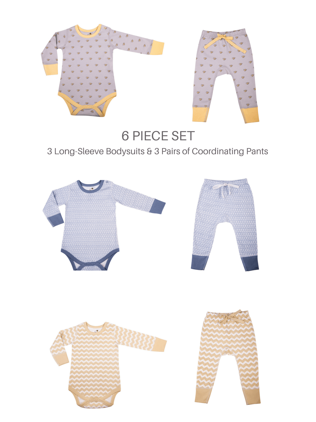 Set of Baby Unisex Organic LS Bodysuits w/Matching Pants (6 Piece Set)