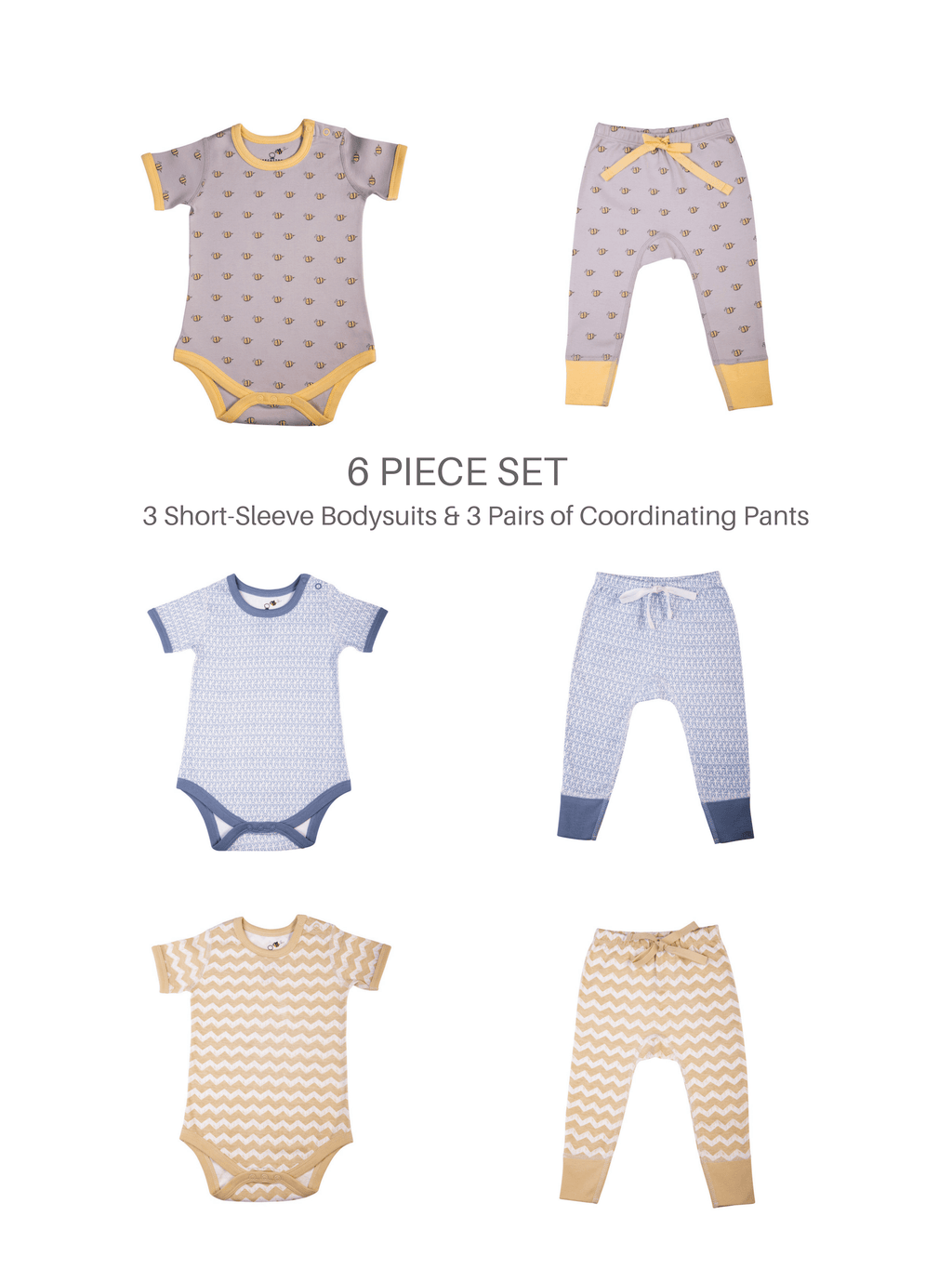 Set of Baby Unisex Organic SS Bodysuits w/Matching Pants (6 Piece Set)