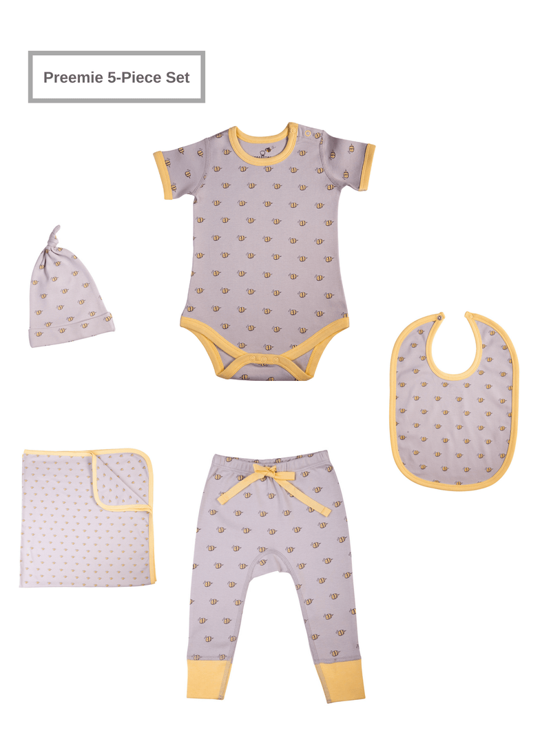Preemie Baby Unisex Organic 5 Piece Set w/Short-Sleeve Bodysuit