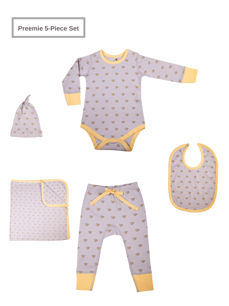 Preemie Baby Unisex Organic 5 Piece Set w/Long-Sleeve Bodysuit