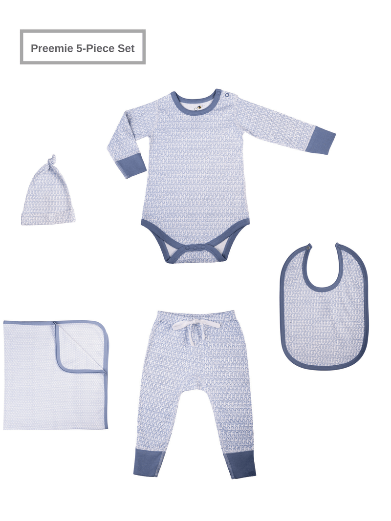 Preemie Baby Unisex Organic 5 Piece Set w/Long-Sleeve Bodysuit