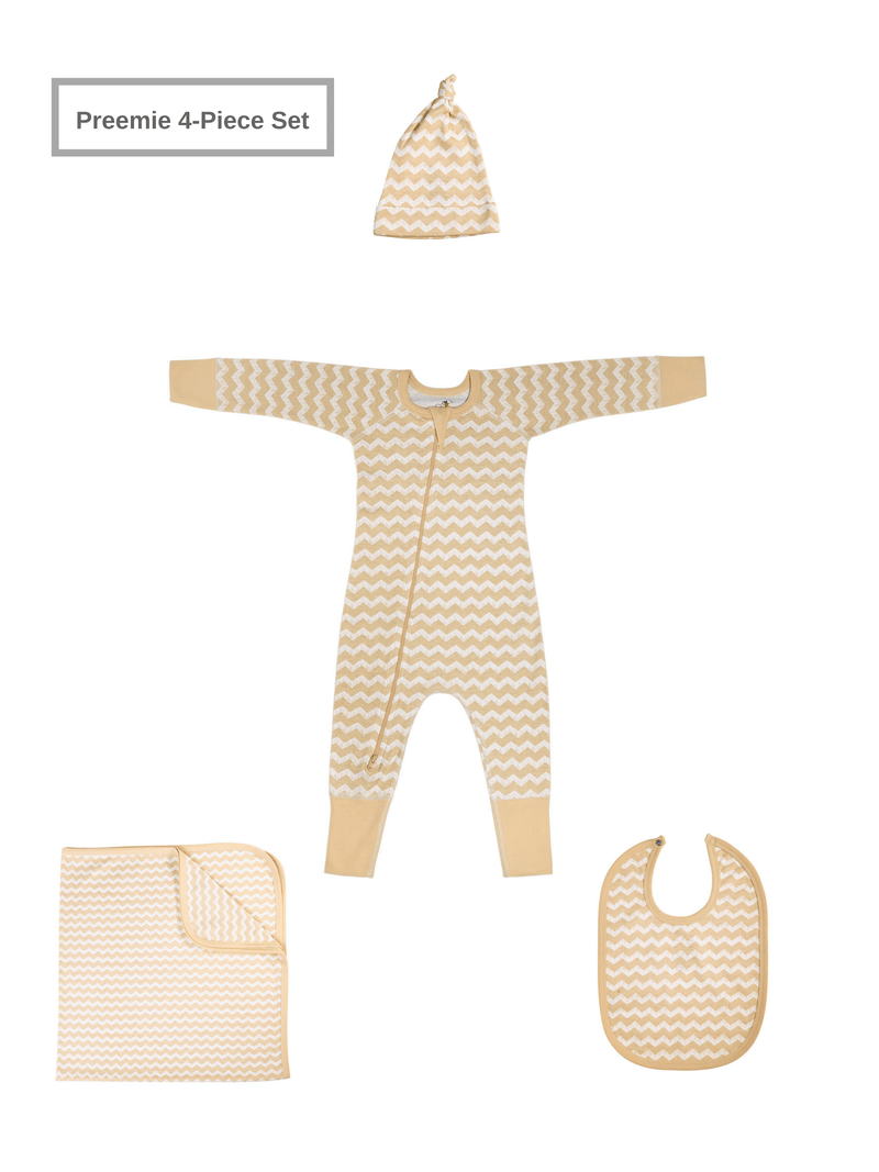 Preemie Baby Unisex Organic 4 Piece Set w/Two-Way Zip Romper