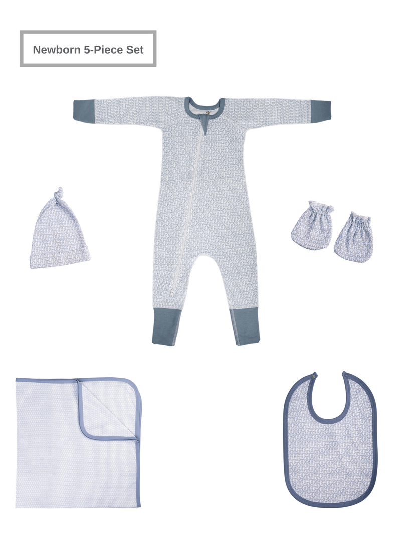 Newborn Baby Unisex Organic 5 Piece Set w/Two-Way Zip Romper (0-3M)