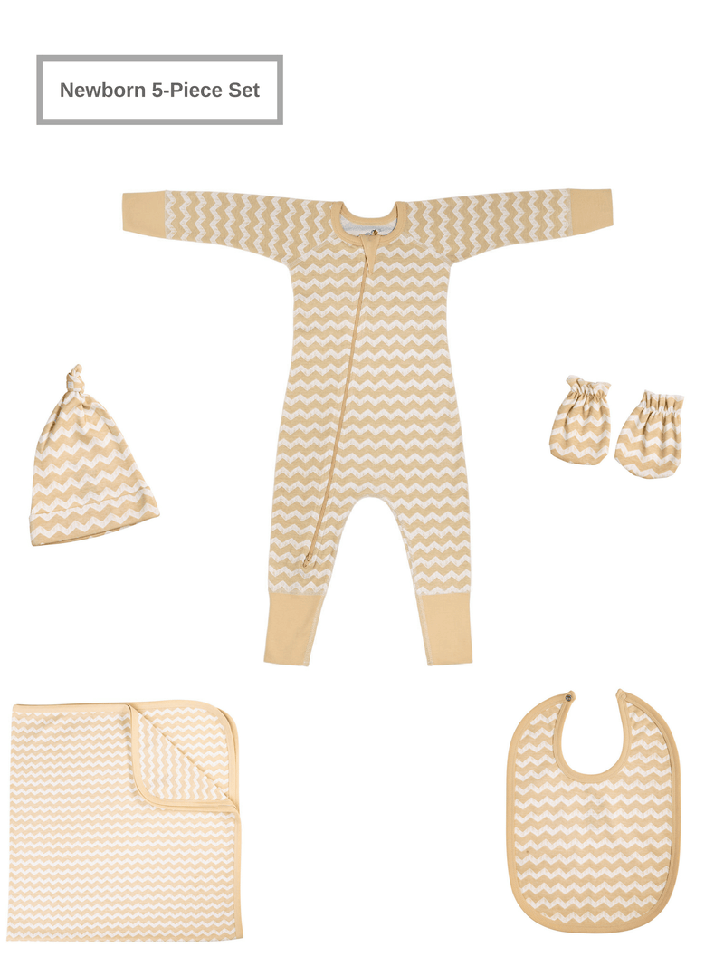Newborn Baby Unisex Organic 5 Piece Set w/Two-Way Zip Romper (0-3M)