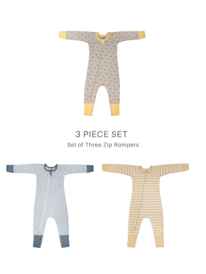 Set of Baby Unisex Organic Two-Way Zip Rompers (3 Piece Set)